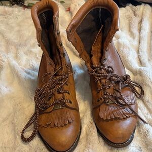 Women’s Tan Leather Lace-Up Fringe Boots- Double H